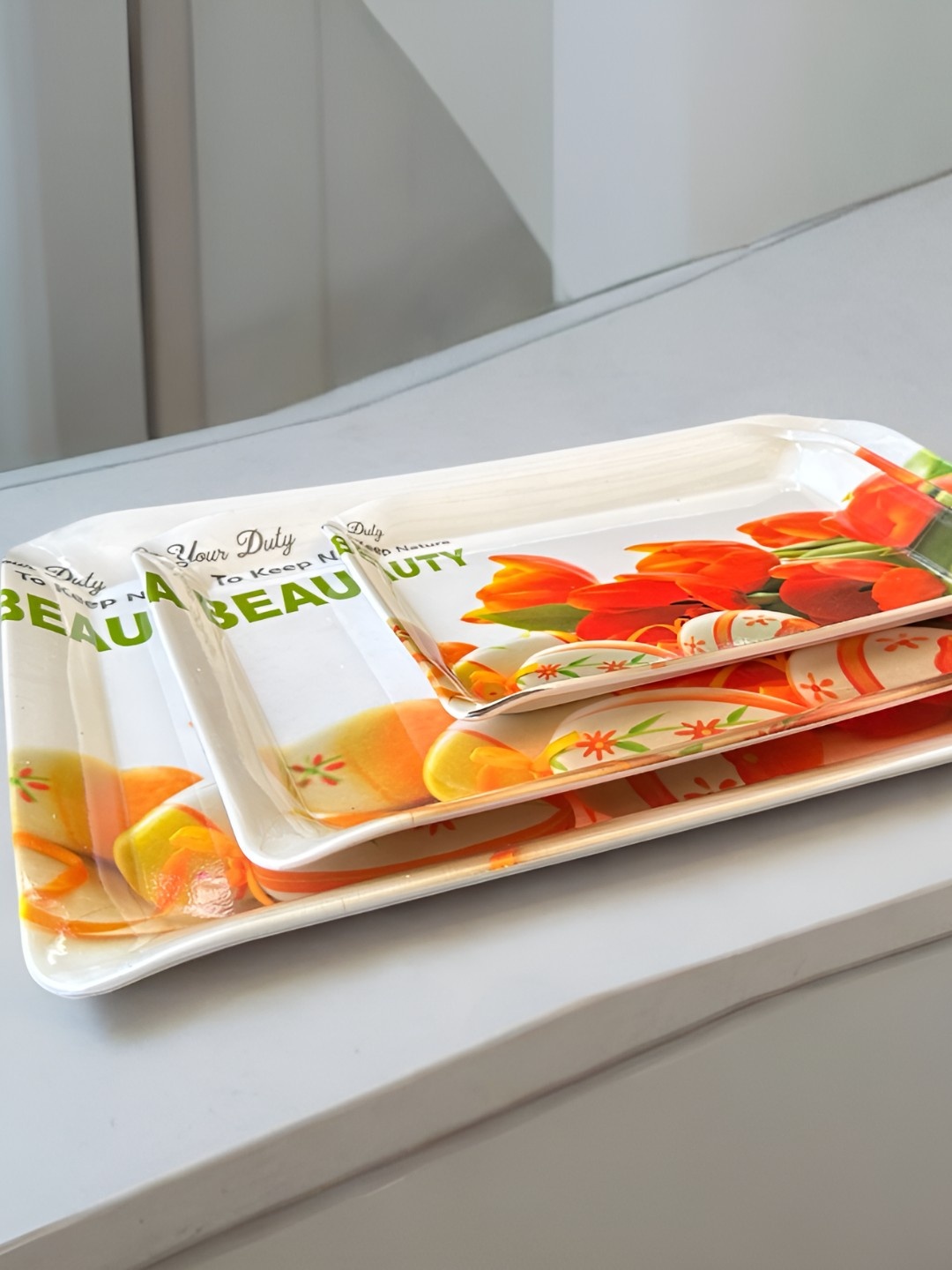 

Gallery99 Orange 2024 Melamine 3 Pieces Microwave Safe Serving Tray