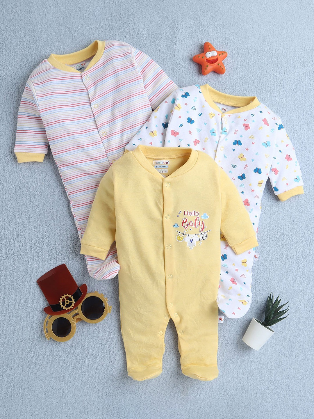 

BUMZEE Girls Pack of 3 Printed Sleepsuit, Yellow
