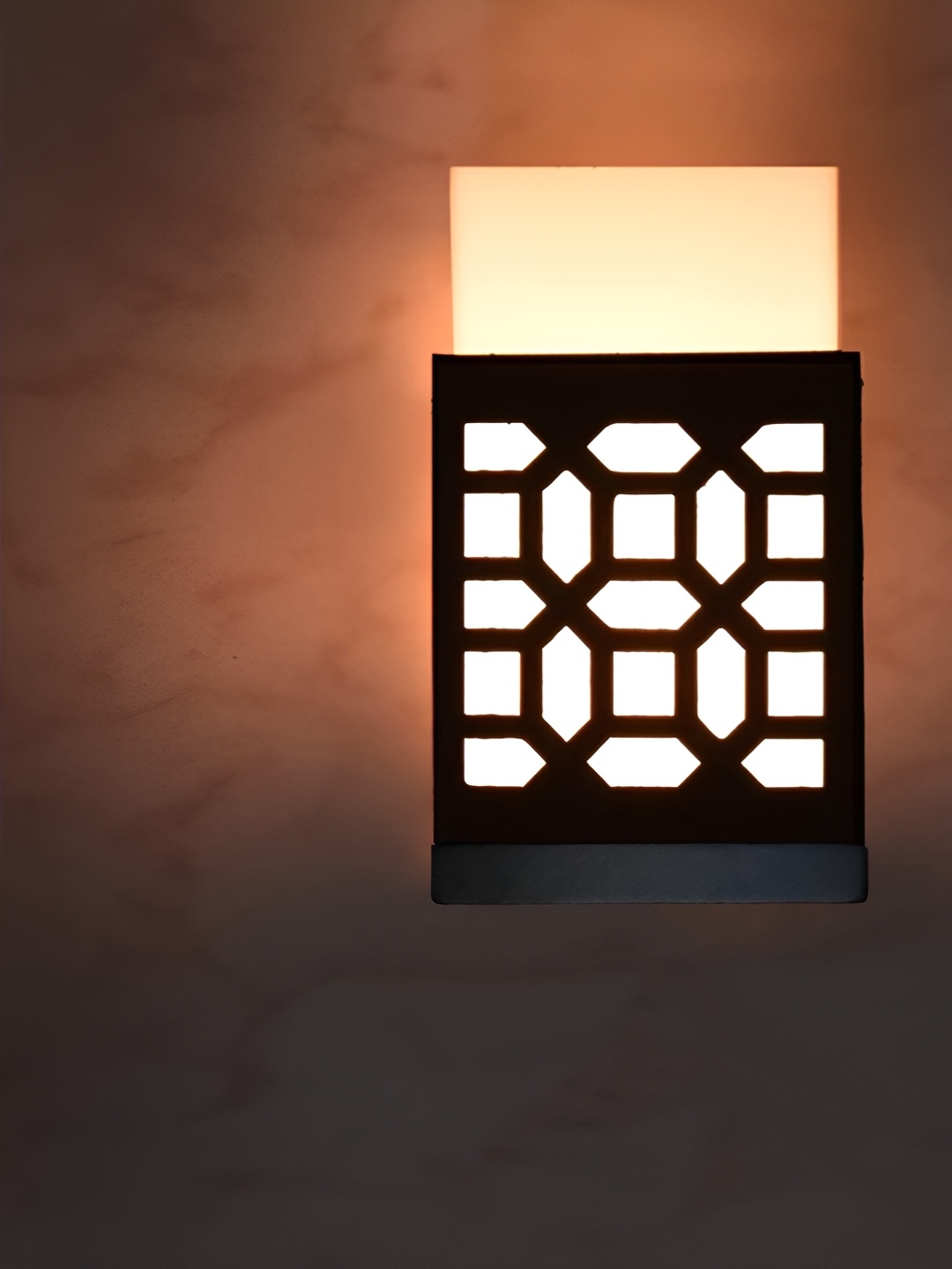

Gojeeva Black & White Geometric Printed Wooden Square Shaped Wall Lamp