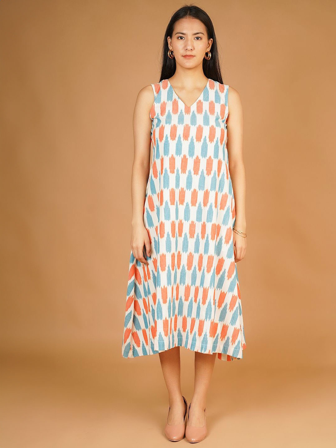 

INDOPHILIA Women Geometric Printed Cotton A-Line Midi Dress, White