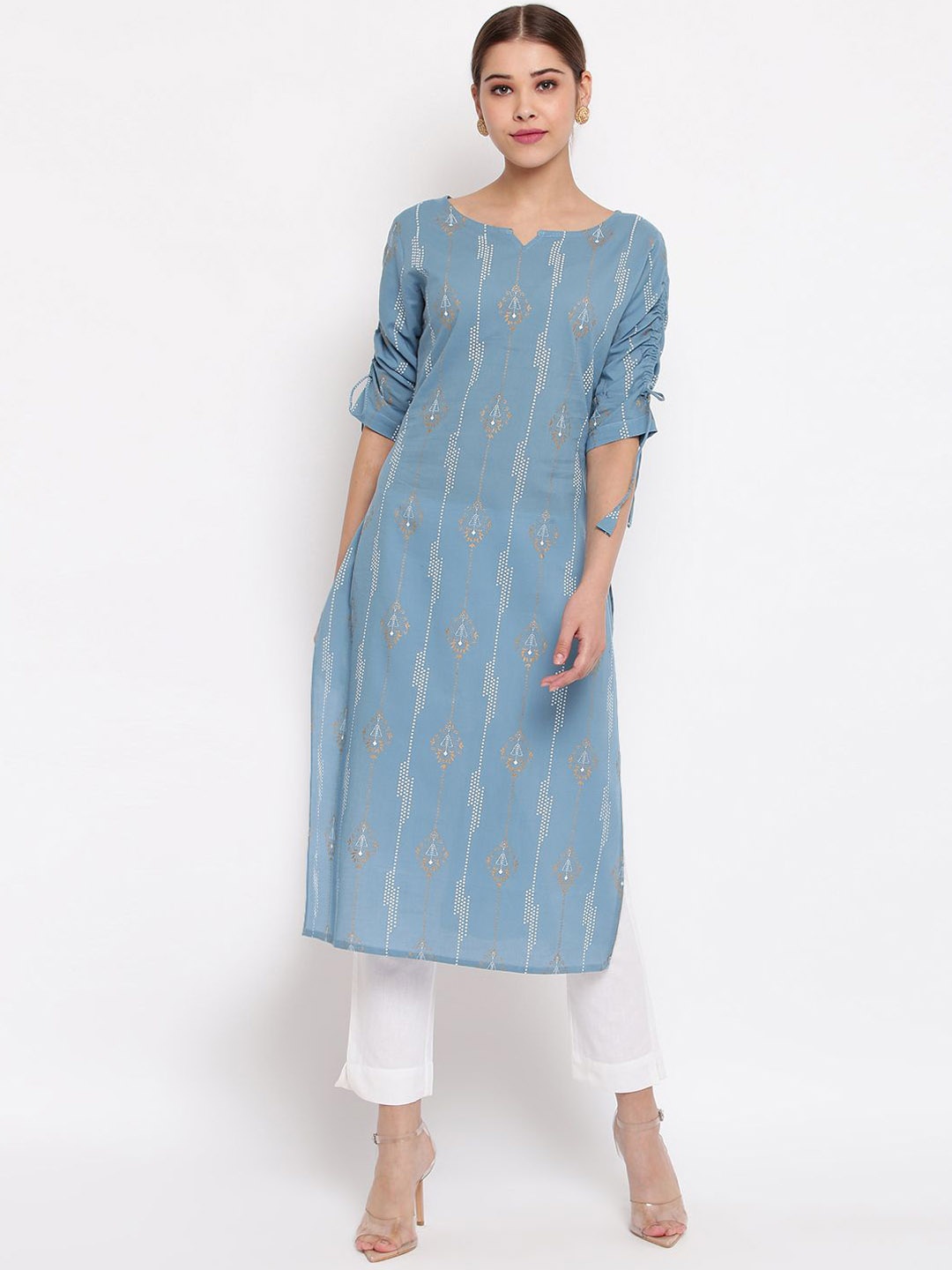 

KALINI Ethnic Motifs Printed Sweetheart Pure Cotton Straight Kurta, Turquoise blue