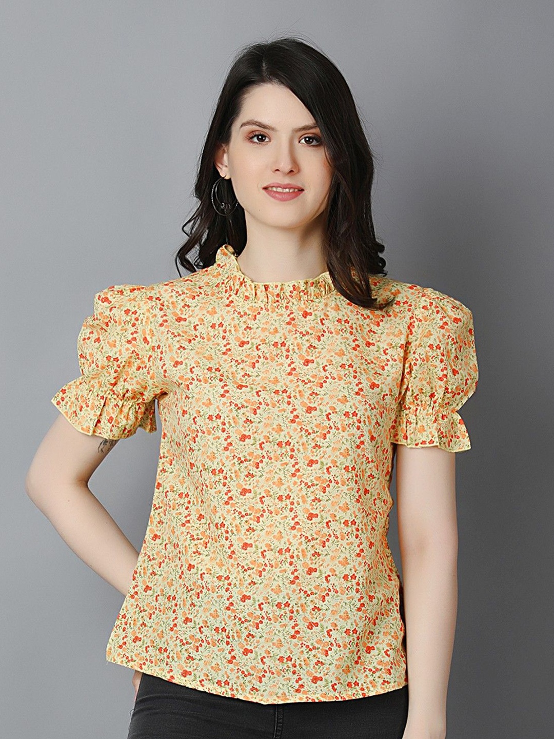 

Zuvino Women Cotton Floral Printed Puff Sleeve Top, Yellow