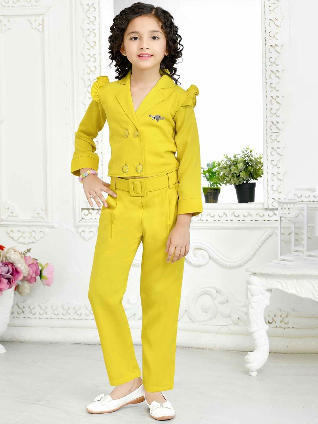 

Lagorii Girls Shirt Collar Double Breasted Top & Trousers, Mustard