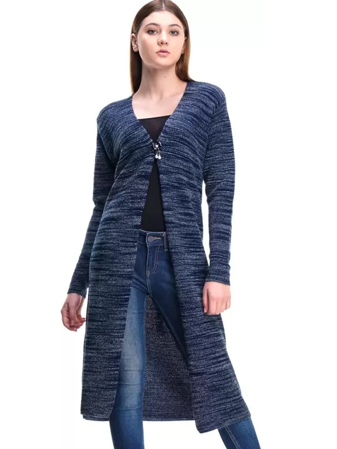 

Zigo Self Design Longline Woollen Open Front Shrug, Blue