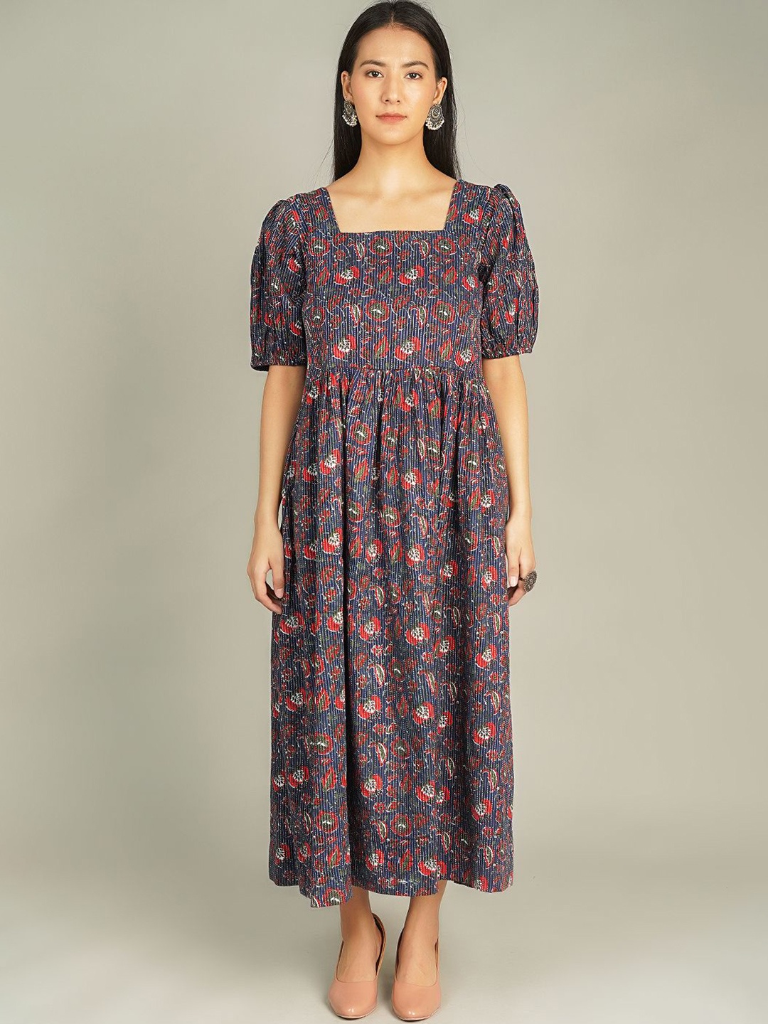 

INDOPHILIA Women Floral Printed Square Neck Fit - Flare Midi Dress, Blue
