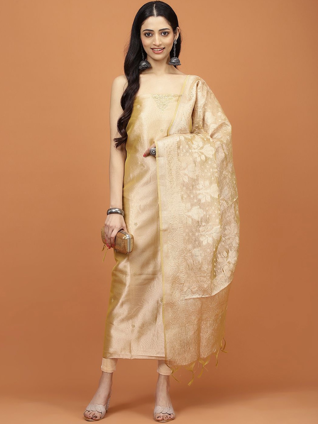 

Meena Bazaar Embroidered Sequinned Tissue Unstitched Dress Material, Mustard