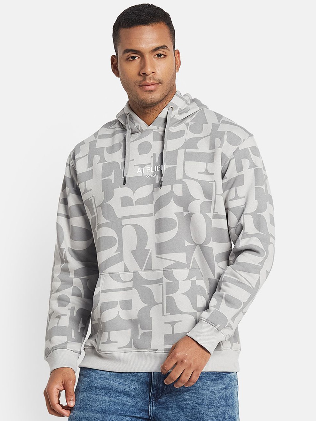 

Octave Men Typography Printed Hooded Pullover Long Sleeves Sweatshirt, Silver