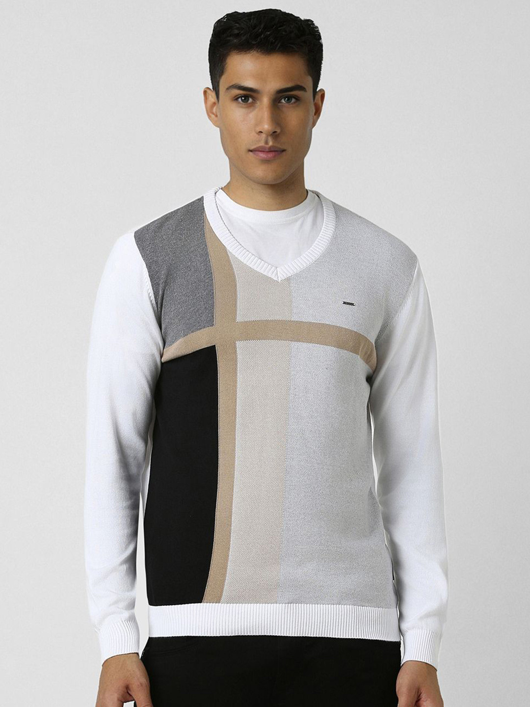 

Van Heusen Men Cotton V-Neck Long Sleeves Colourblocked Pullover, White