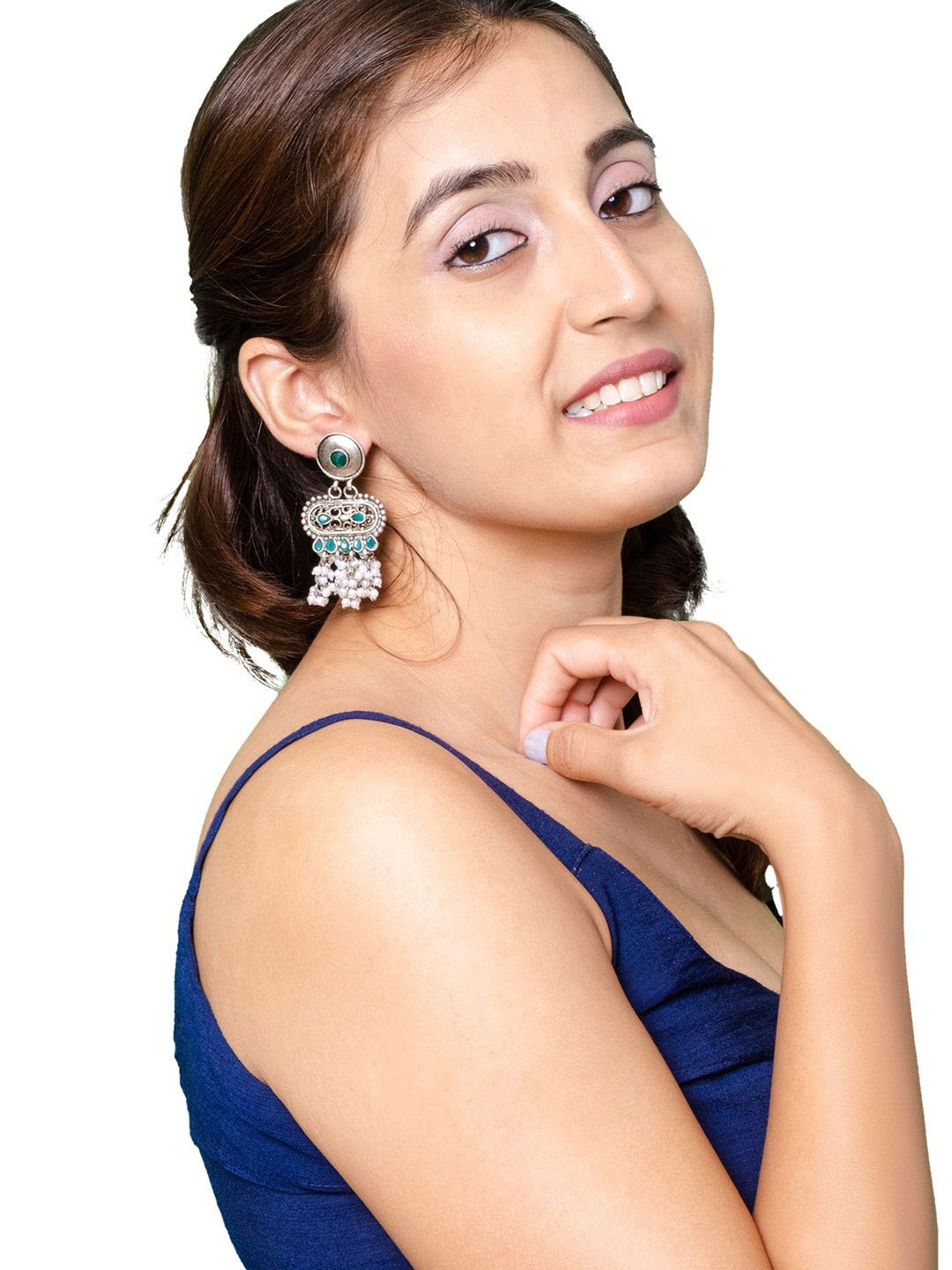 

Shining Jewel - By Shivansh Silver-Plated CZ, Crystal Oxidised Antique Drop Earrings