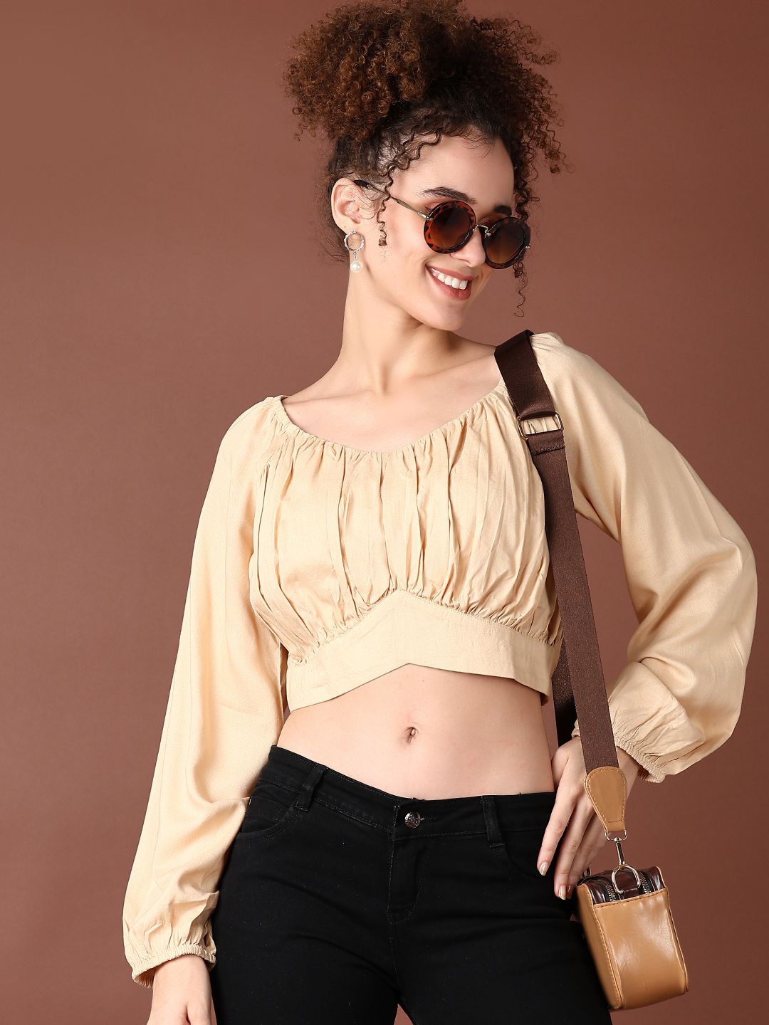 

V-Mart Women Self Design V-neck Long Puff Sleeves Top, Beige