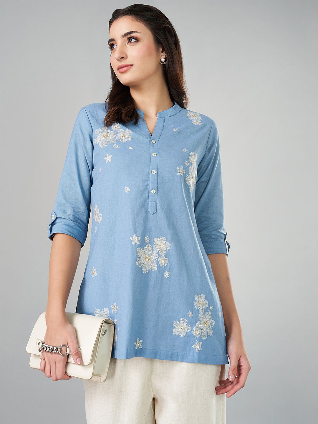 

RANGMANCH BY PANTALOONS Women Cotton Embroidered Mandarin Collar Tunic, Blue