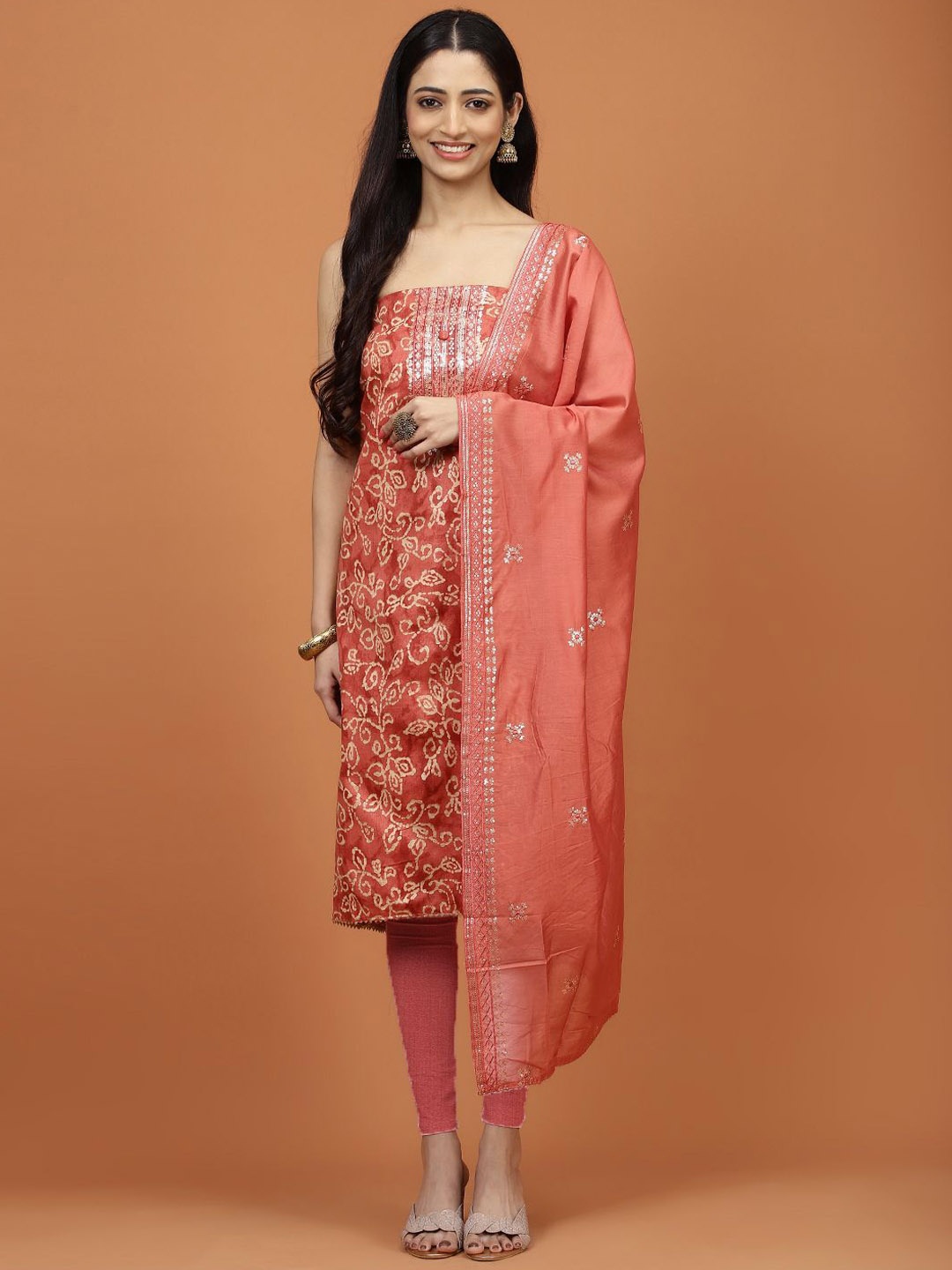 

Meena Bazaar Printed Sequinned Unstitched Dress Material, Coral
