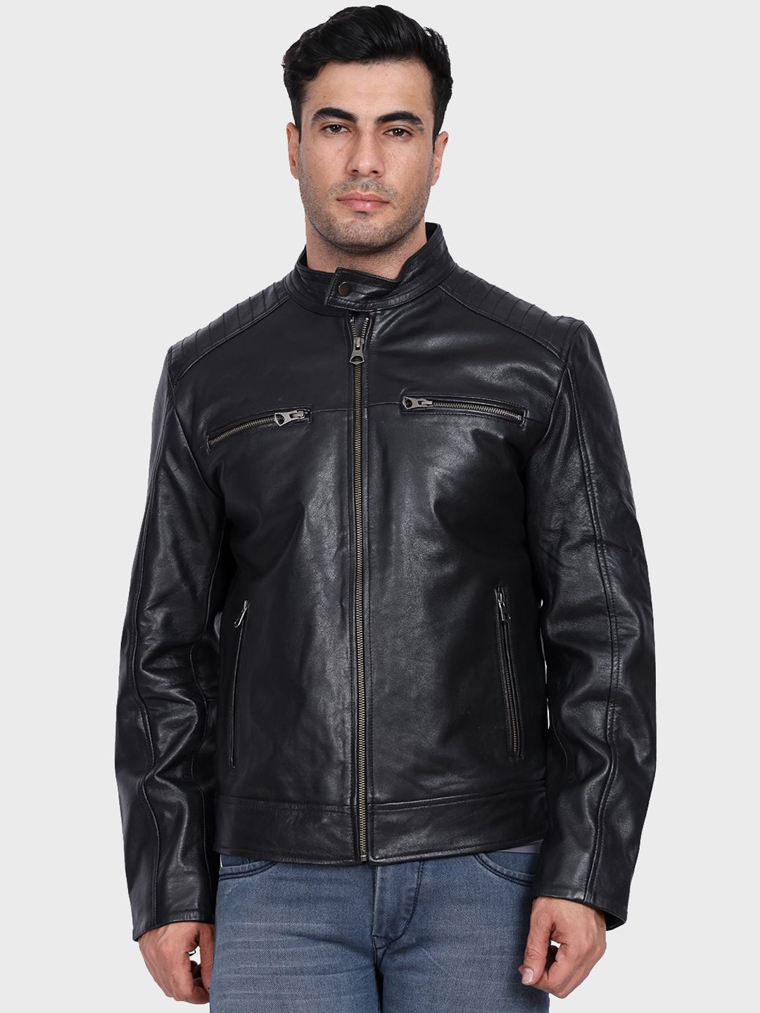 

Justanned Men Mandarin Collar Solid Leather Casual Leather Jacket, Black