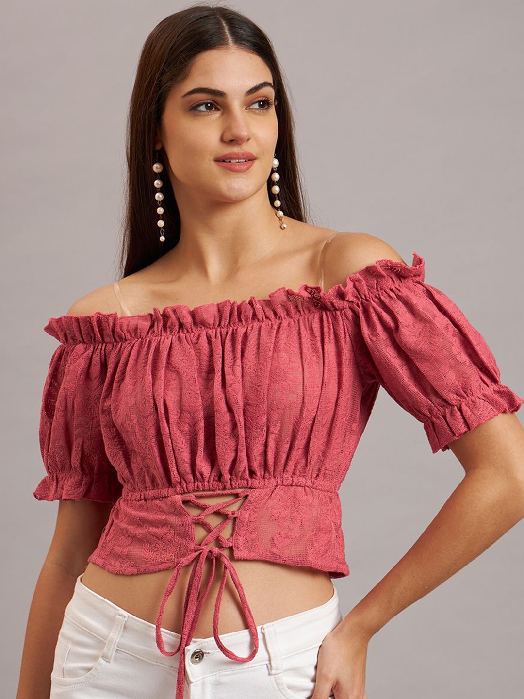 

Eavan Women Embroidered Off-Shoulder Puff Sleeve Crop Top, Pink