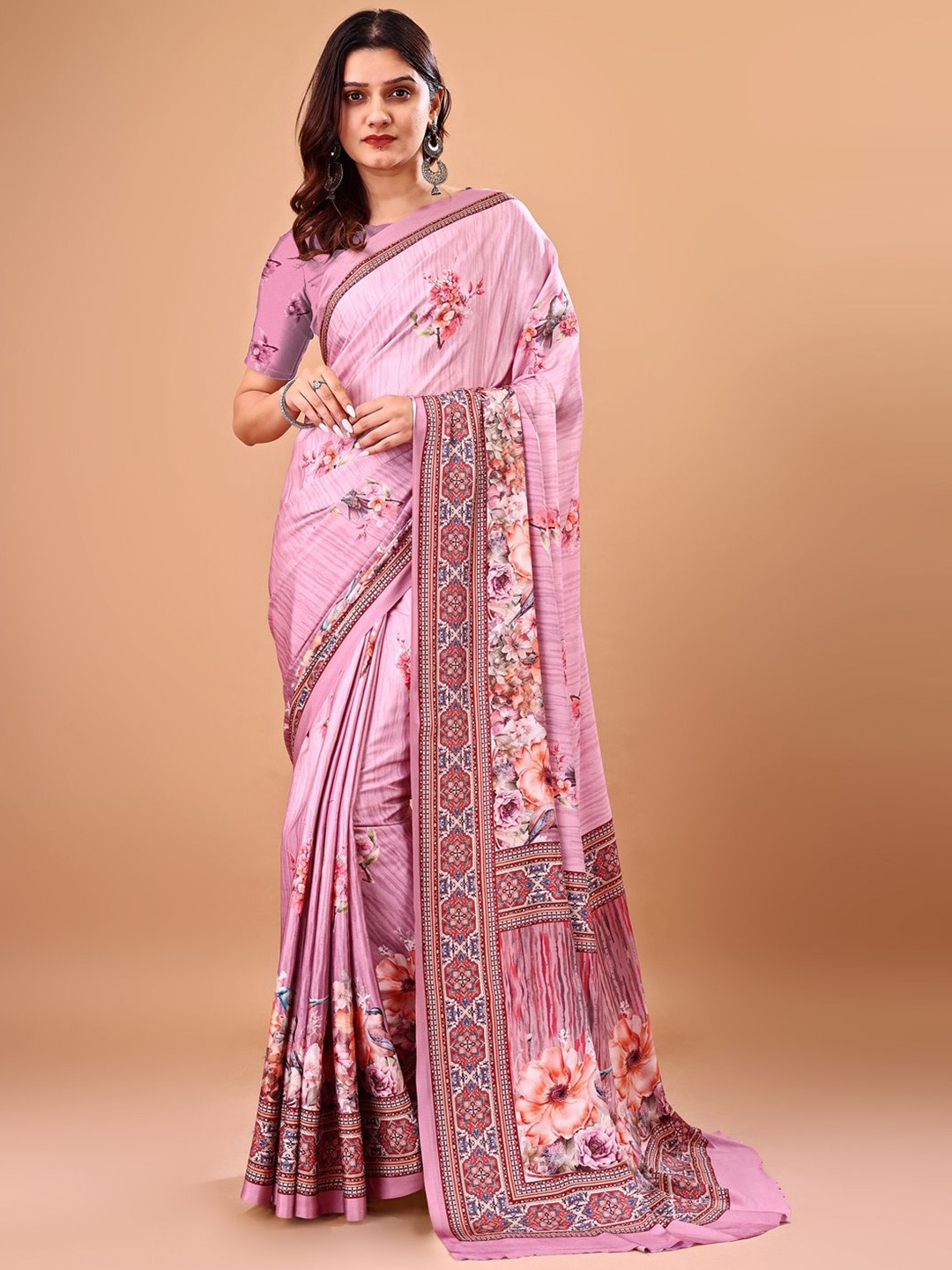 

Avyay Creation Floral Printed Georgette Banarasi Saree, Pink