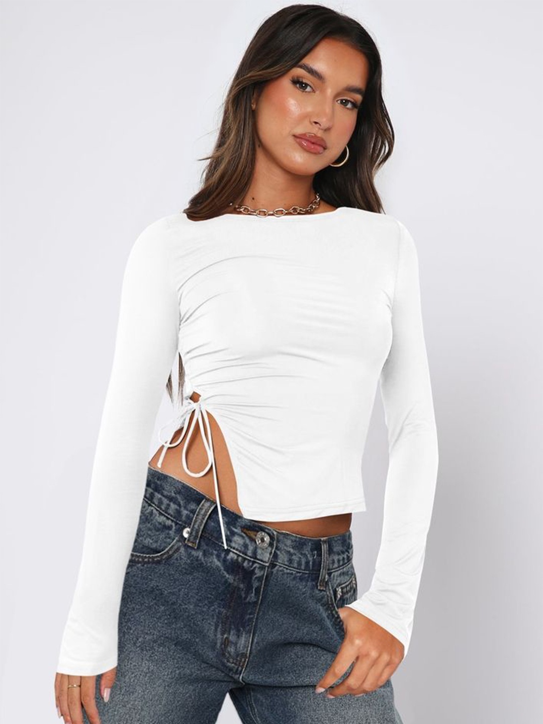 

LULU & SKY Women Round Neck Long Sleeves Crop Top, White