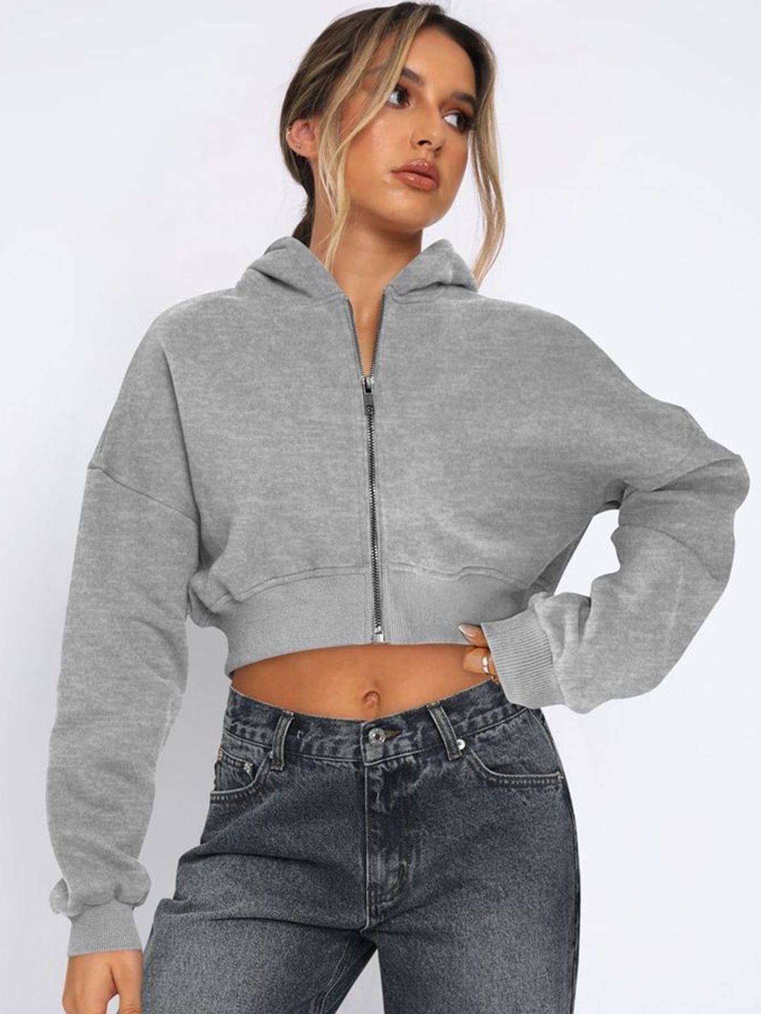 

LULU & SKY Women Solid Hooded Crop Front-Open Sweaters, Grey