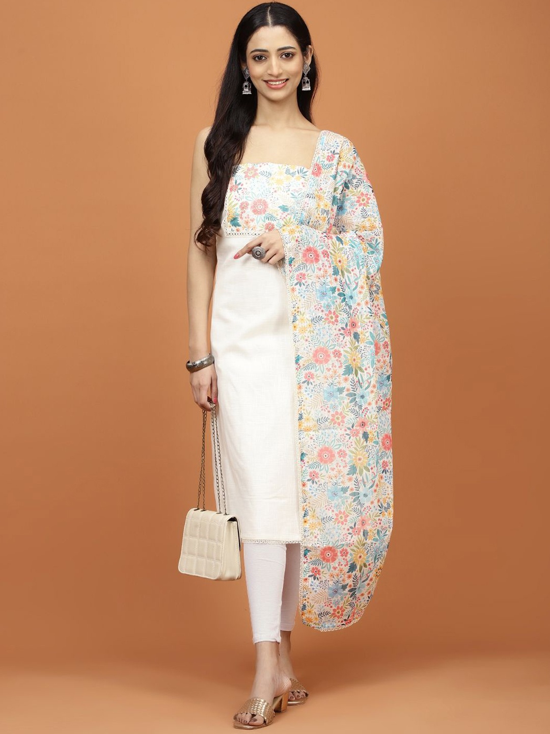 

Meena Bazaar Floral Printed Unstitched Dress Material, Cream