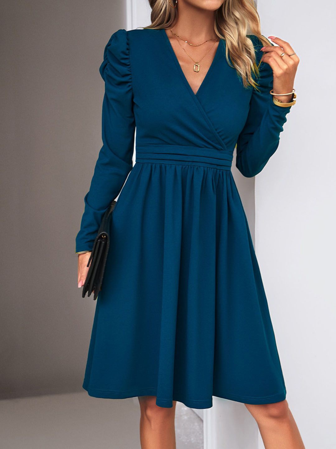 

StyleCast Solid V-Neck Puff Sleeve Fit & Flare Dress, Navy blue