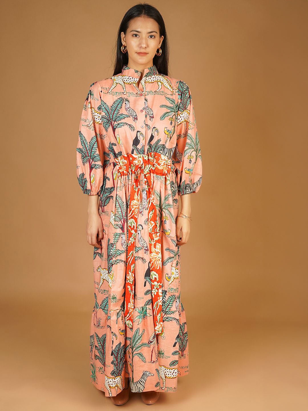 

INDOPHILIA Women Cotton Tropical Printed Tiered Maxi Dress, Pink