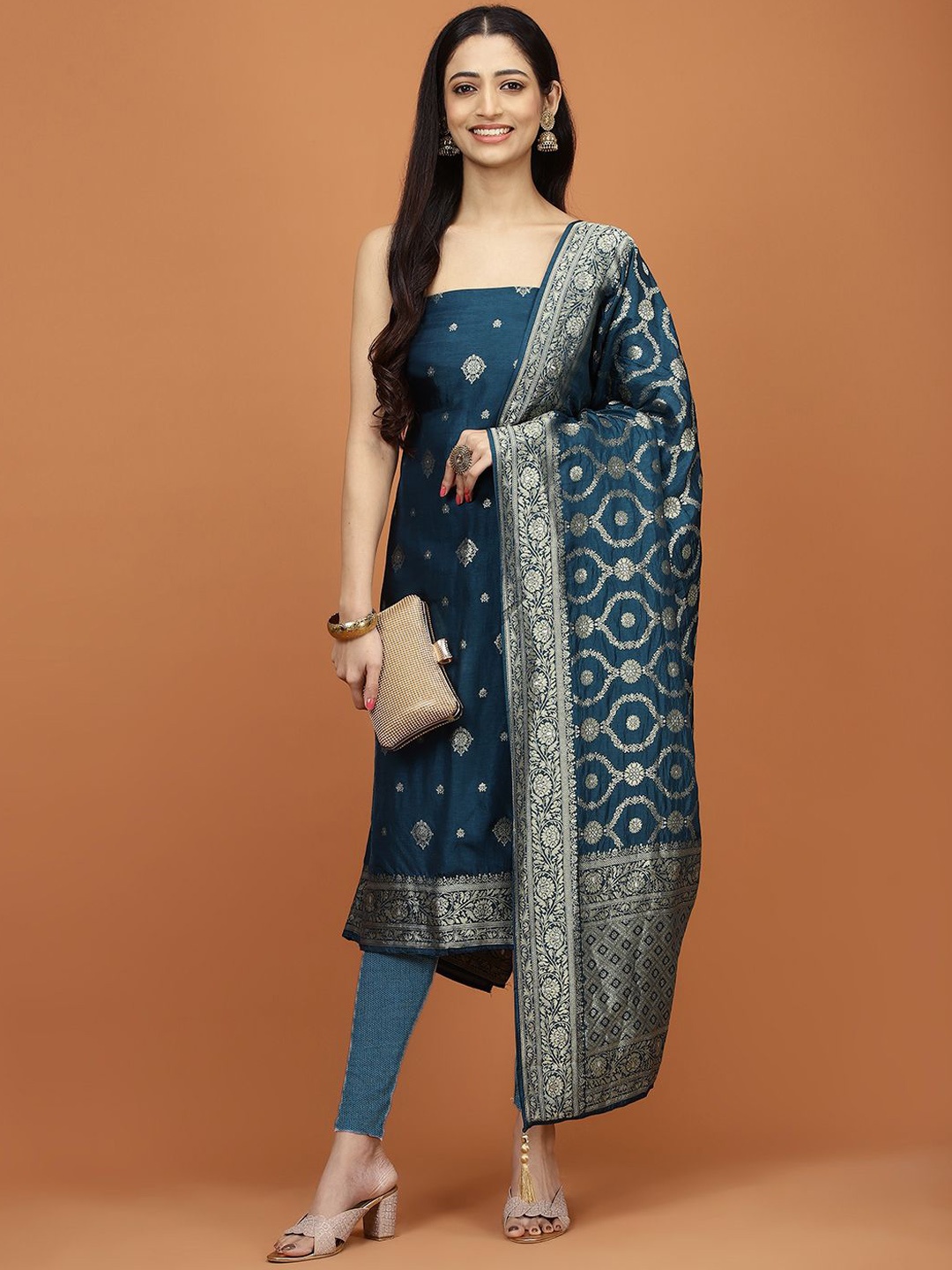 

Meena Bazaar Floral Woven Design Unstitched Dress Material, Blue