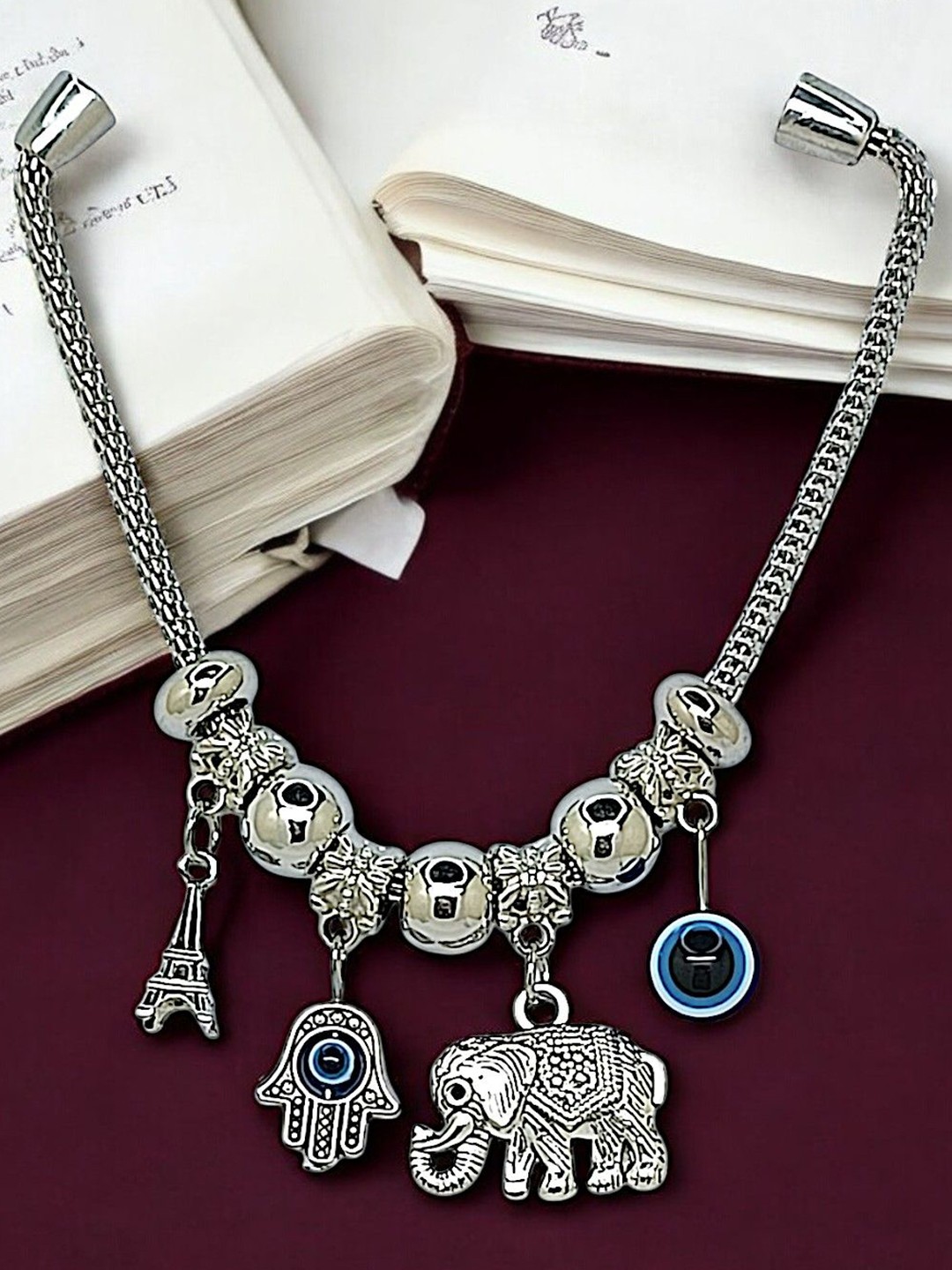 

9blings Silver-Plated Crystals Beaded Evil Eye Hamsa Charm Bracelet