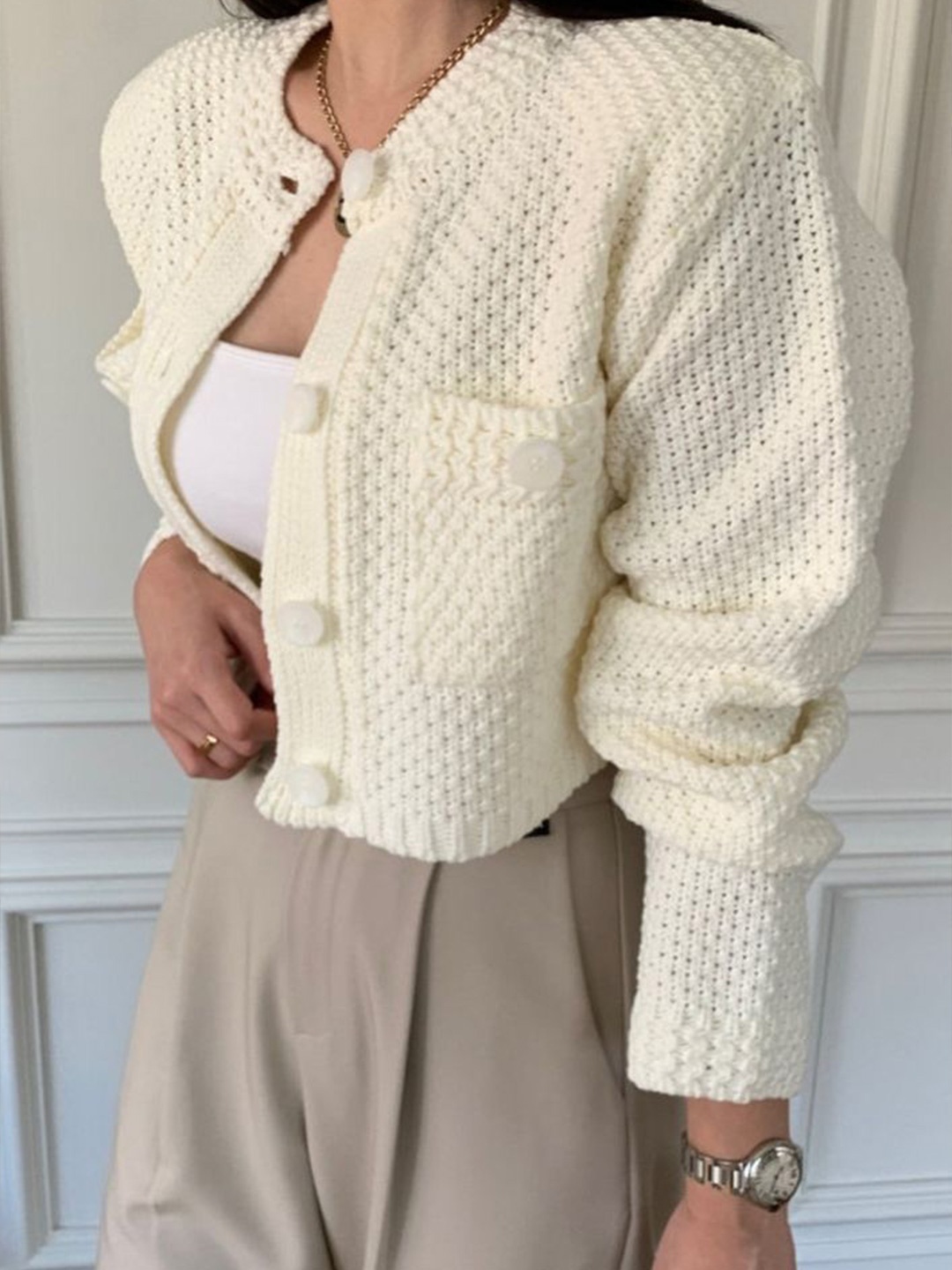 

LULU & SKY Women Cable Knit Round Neck Long Sleeves Front-Open Crop Sweaters, White