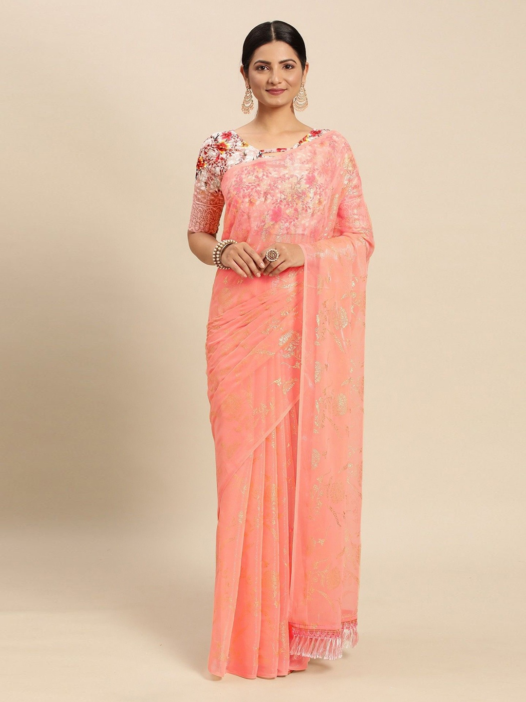 

DIVASTRI Floral Foil Printed Pure Chiffon Saree, Peach