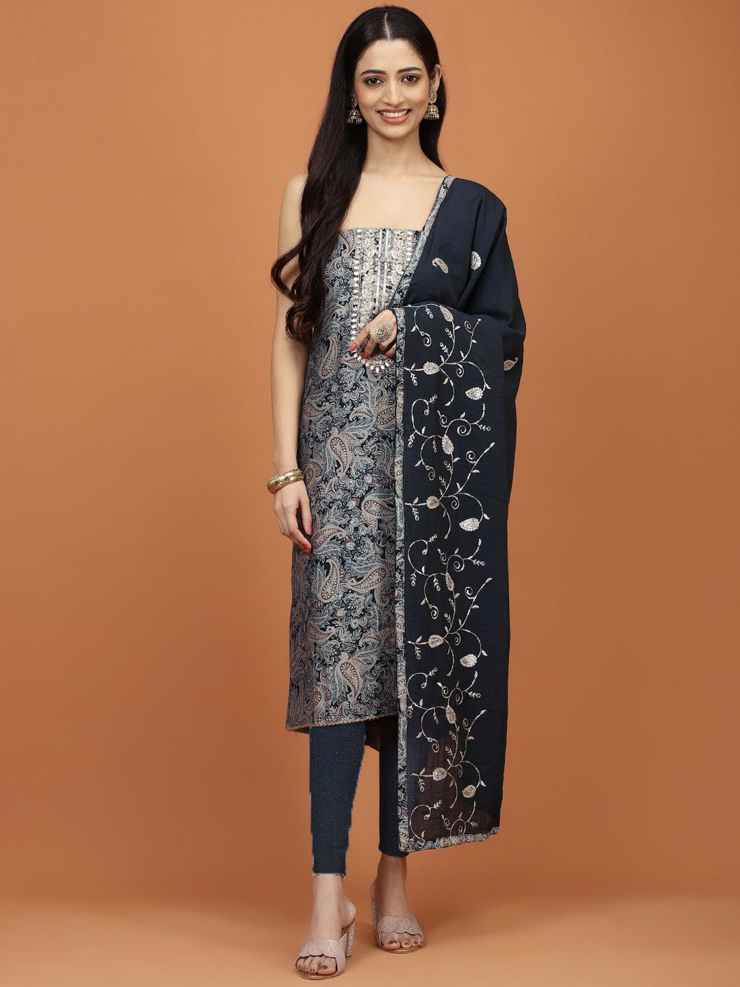 

Meena Bazaar Floral Printed Unstitched Dress Material, Navy blue