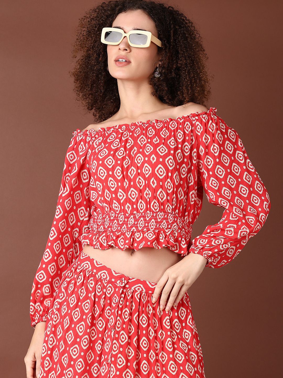 

V-Mart Printed Off-Shoulder Cotton Top, Red