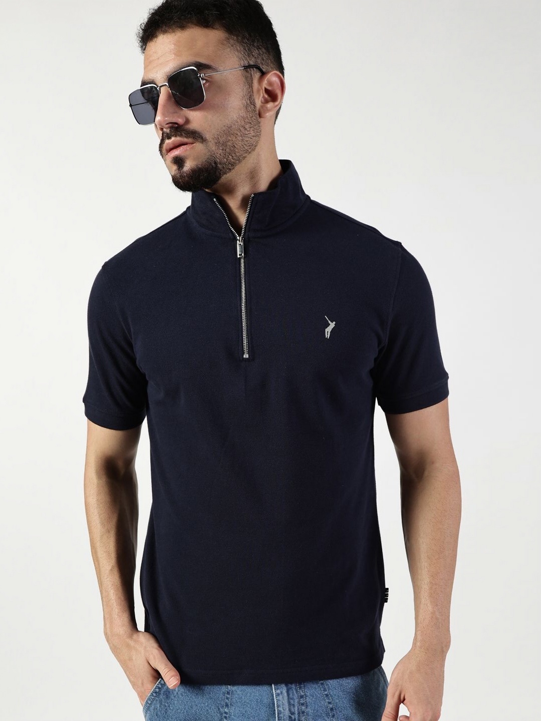 

Thomas Scott Men High Neck Solid Casual Cotton T-shirt, Navy blue
