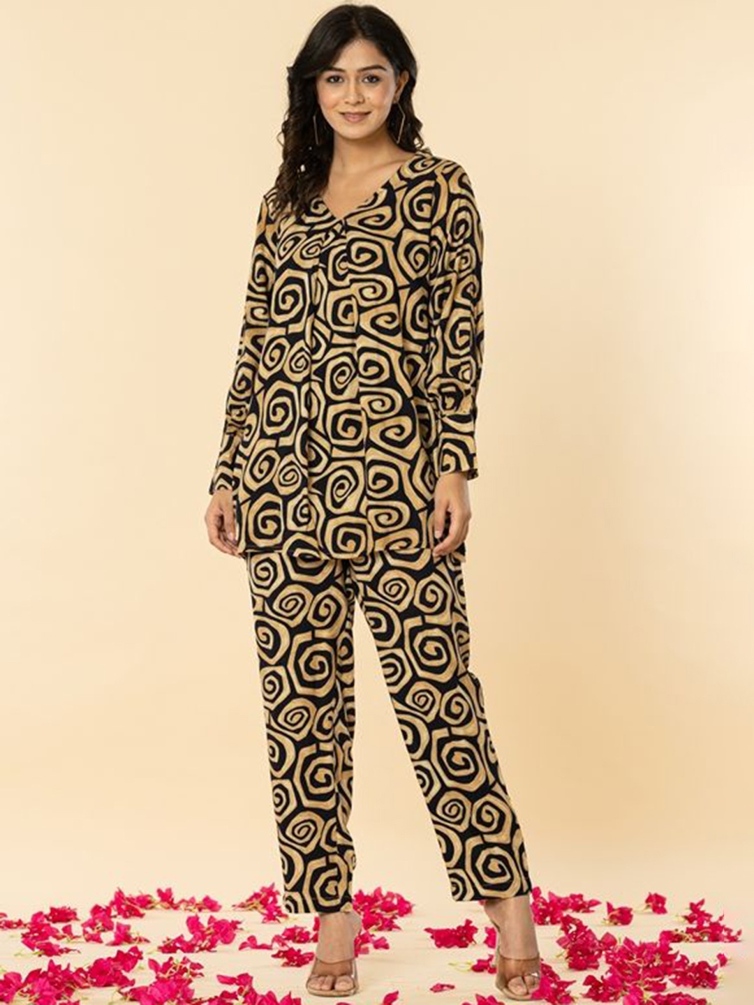 

Haute and Humble Printed V-Neck Long Sleeves Top With Trouser, Beige