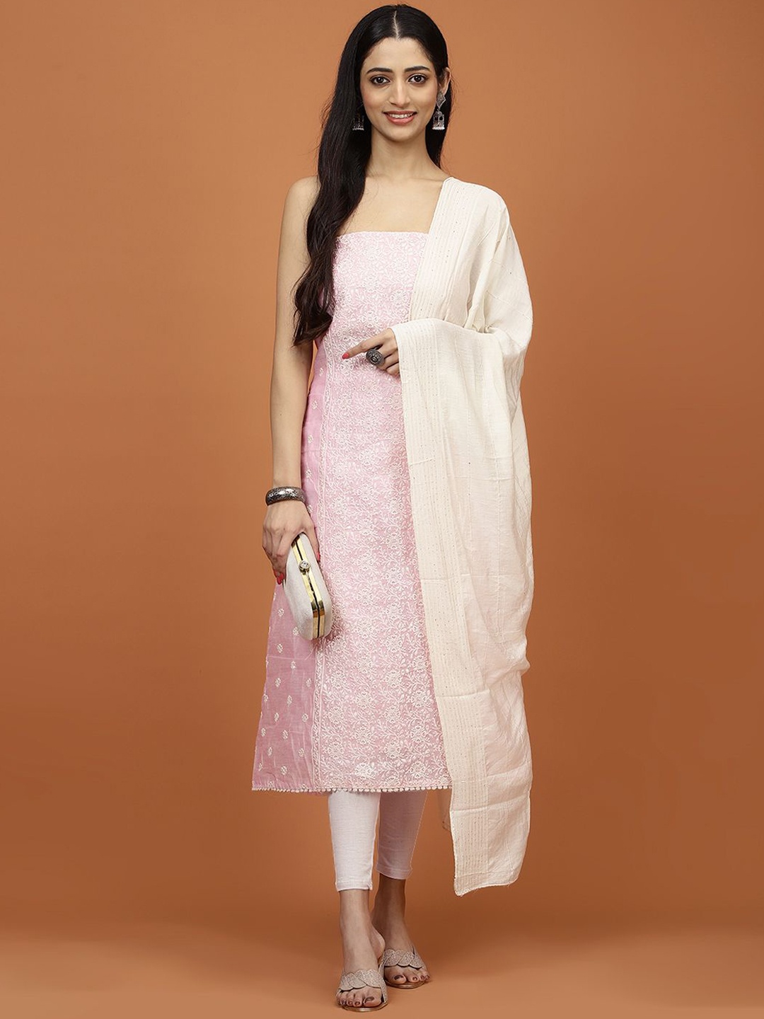 

Meena Bazaar Sequin & Thread Embroidered Chanderi Unstitched Dress Material, Pink
