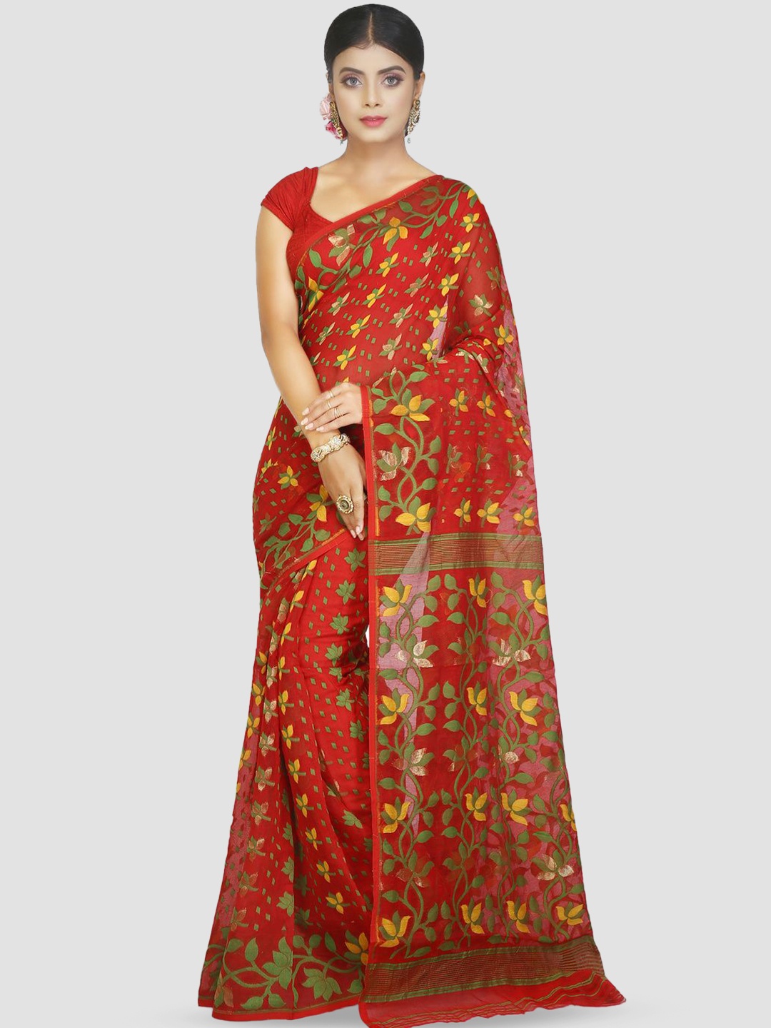 

Crochetin Women Woven Design Ready to Wear Handloom Saree, Red