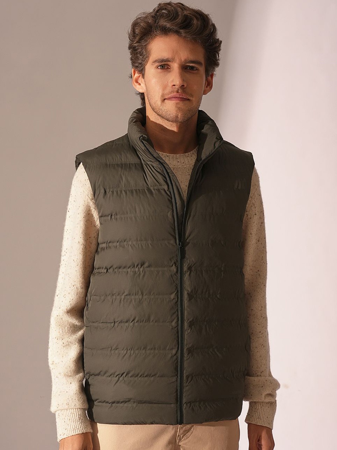 

SELECTED Men Mock Collar Solid Casual Padded Jacket, Green
