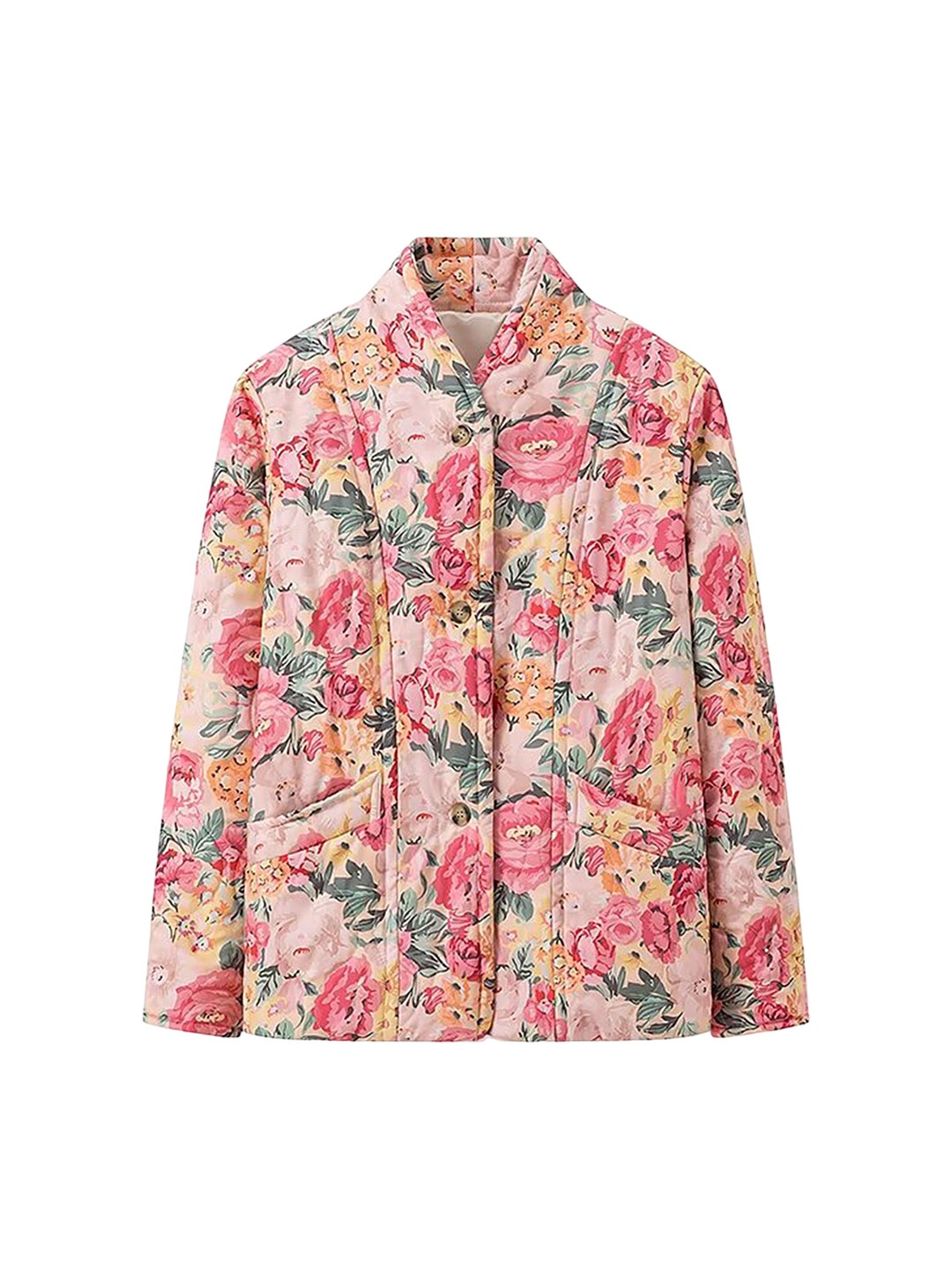 

LULU & SKY Women Collarless Floral Printed Casual Open Front Jacket, Pink