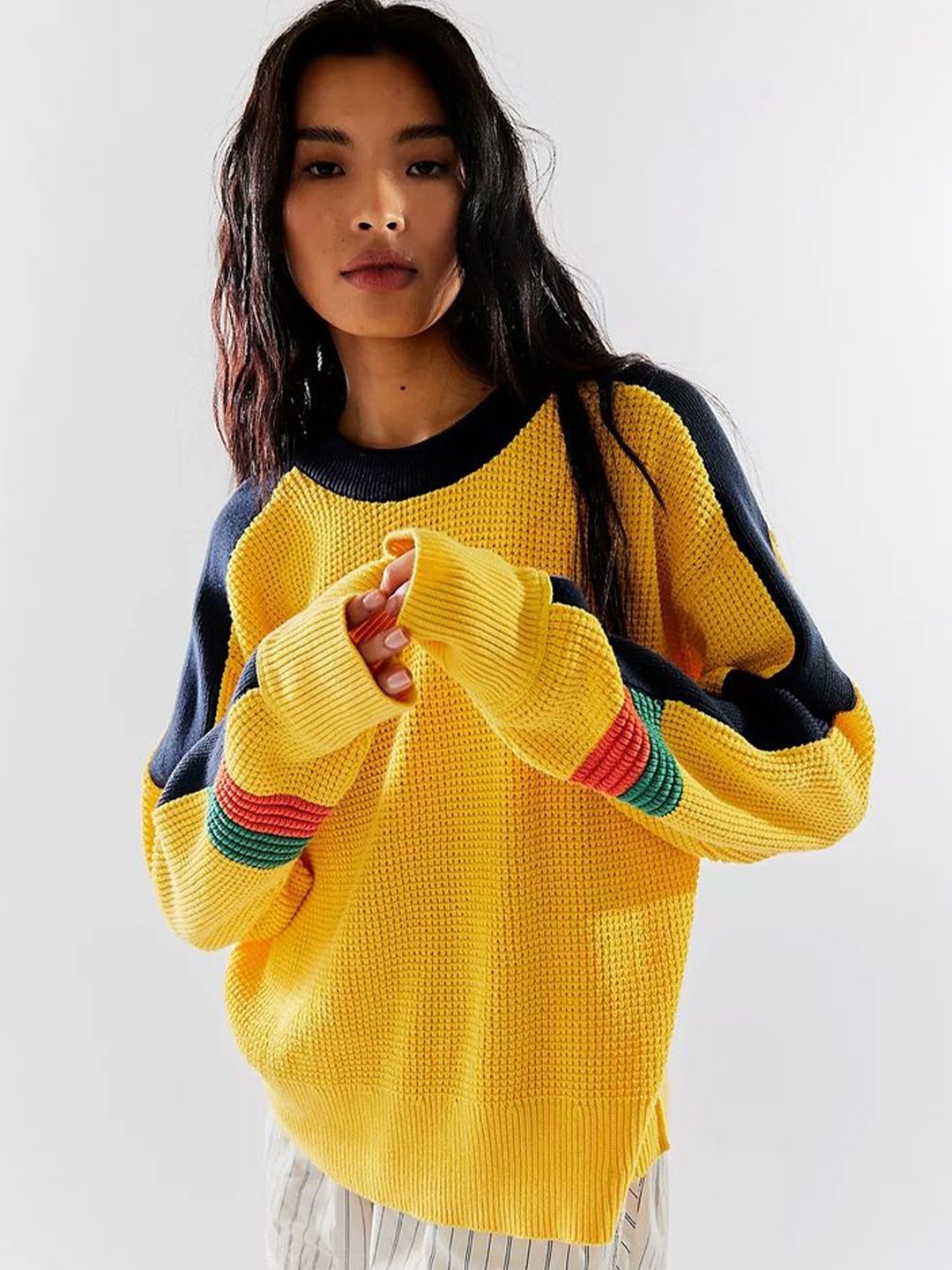 

LULU & SKY Women Round Neck Knitted Jumper, Yellow