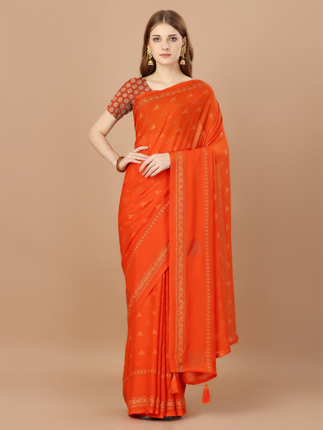 

DIVASTRI Ethnic Motifs Printed Beads and Stones Saree, Orange