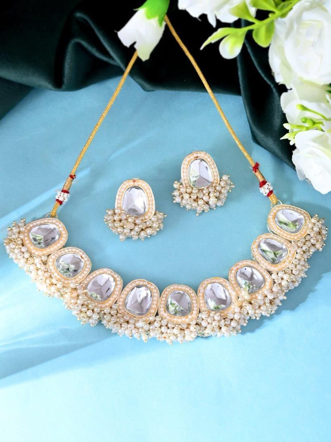 

VOJ Gold-Plated Stainless Steel Kundan Stones-Studded & Beaded Choker Jewellery Set