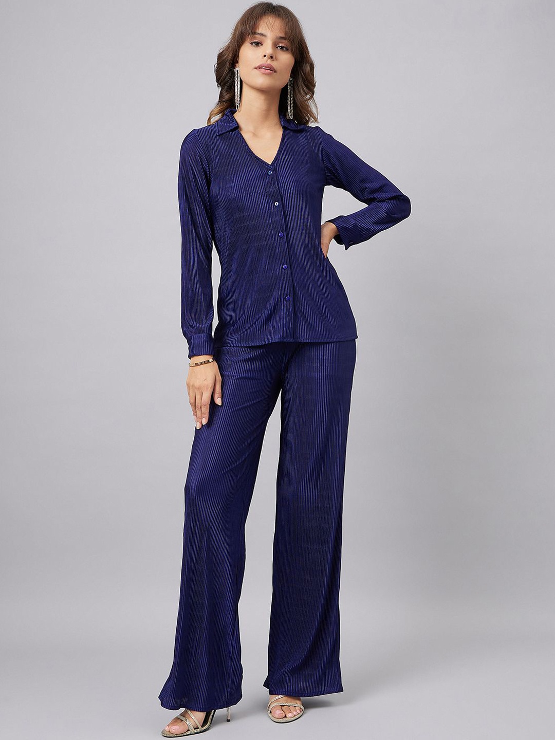 

Orchid Blues Self Design Long Sleeves Shirt With Trousers, Navy blue