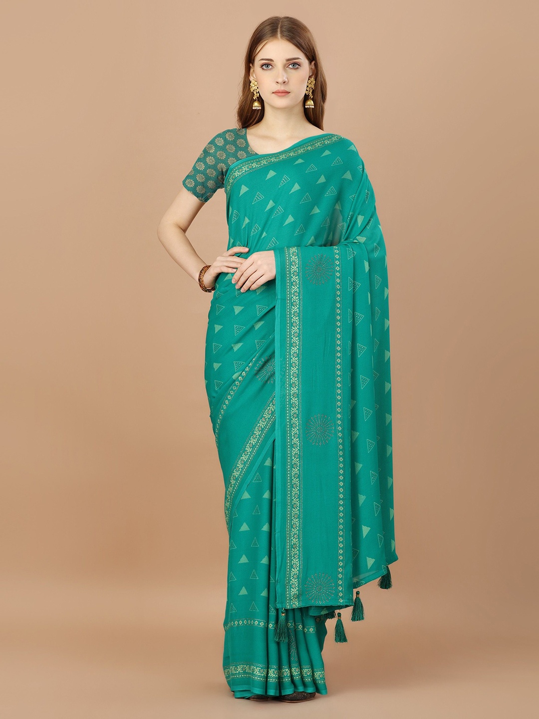 

DIVASTRI Women Ethnic Motifs Beads and Stones Designer Saree With Blouse Piece, Teal