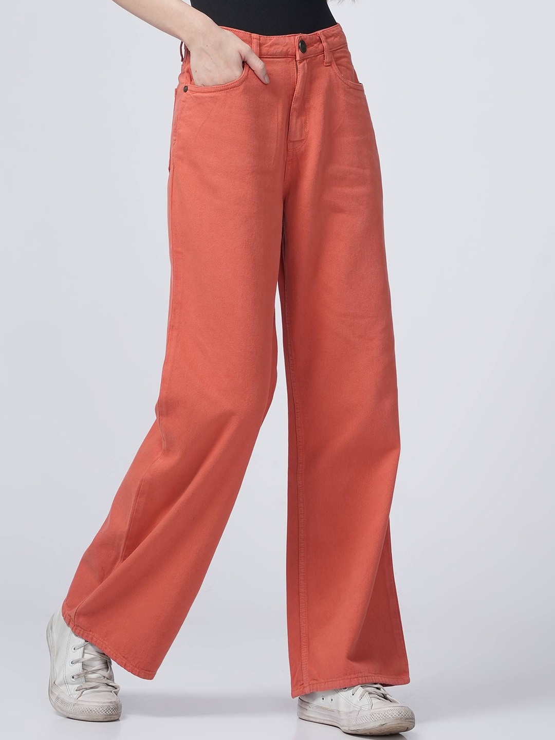 

URBAN POCHE Women Wide Leg High-Rise Low Distress Jeans, Pink