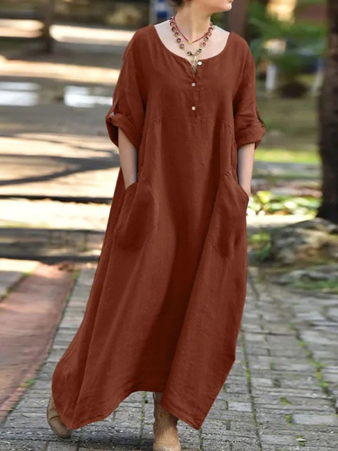 

StyleCast Women Round Neck A-Line Maxi Dress, Brown