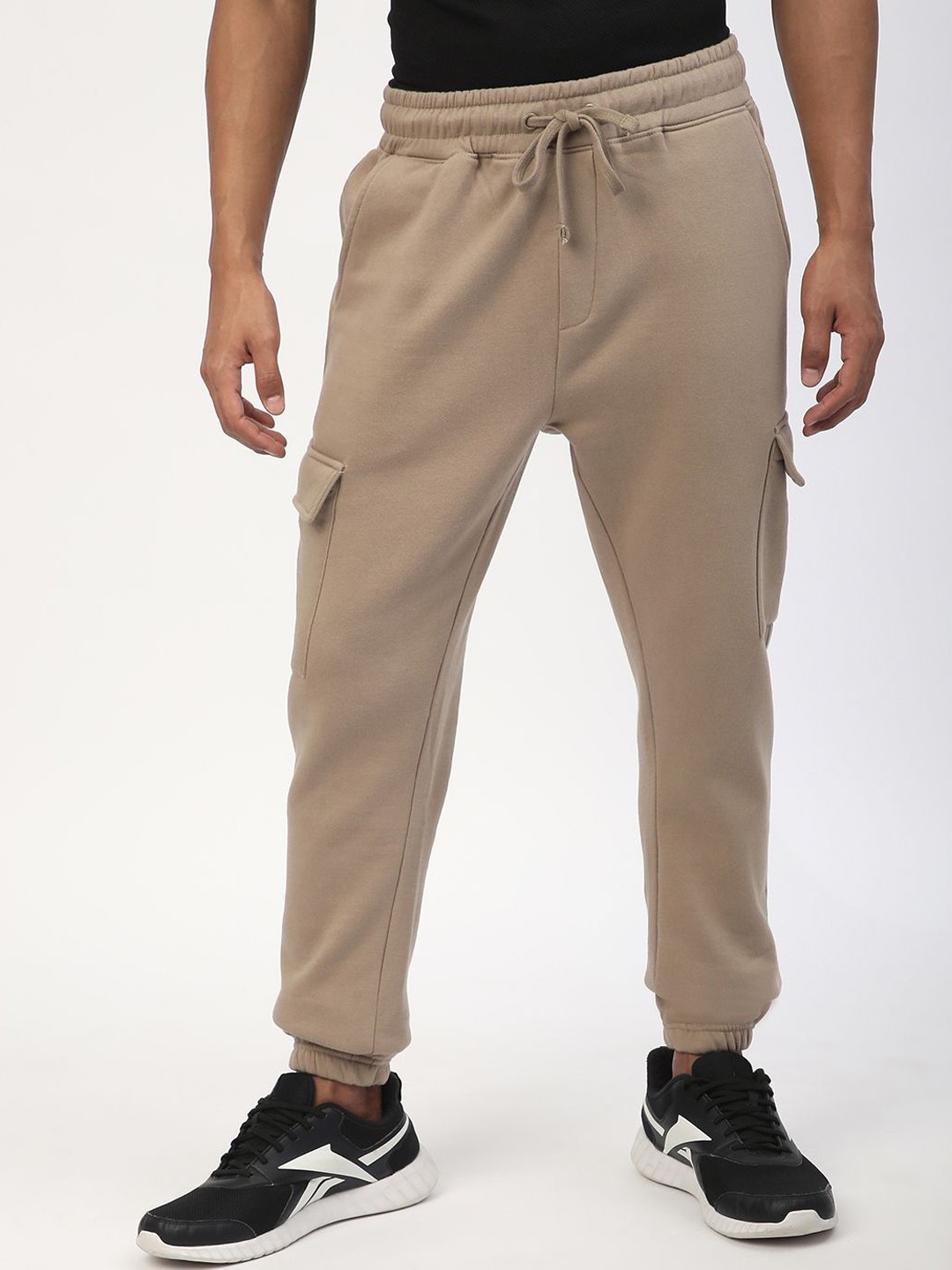 

R&B Men Regular Fit Mid-Rise Cargo Joggers, Beige