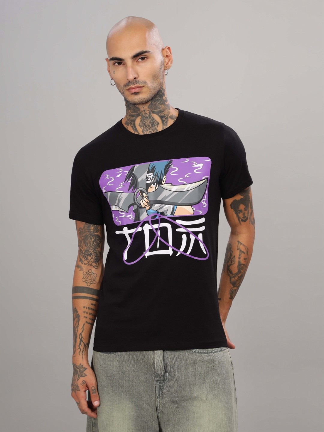 

TOMHIDDLE Men Graphic Anime Printed Round Neck Cotton Naruto T-shirt, Black
