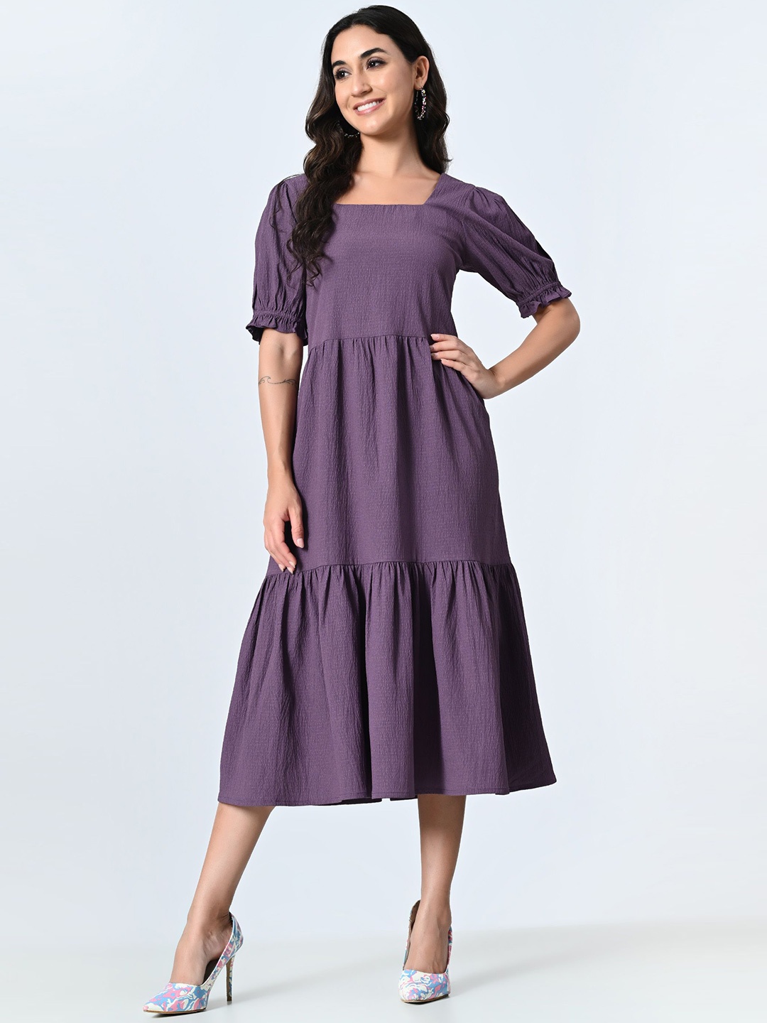 

BAESD Women Puff Sleeve A-Line Midi Dress, Purple