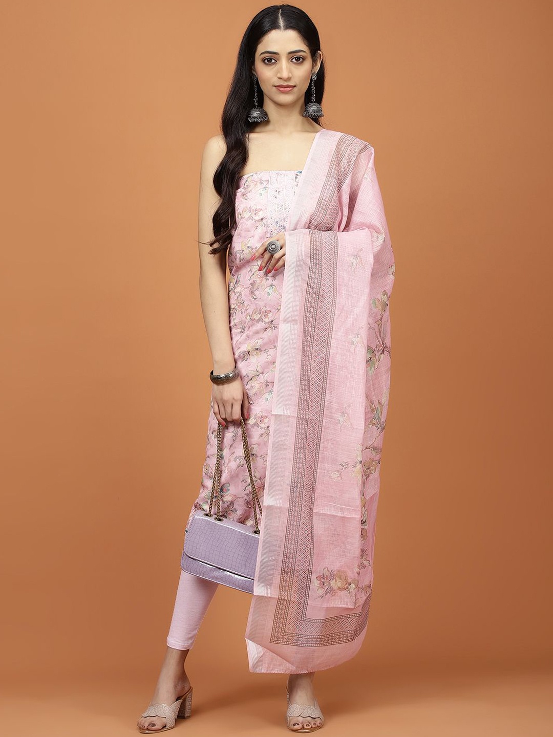 

Meena Bazaar Floral Printed Mirror Work Unstitched Dress Material, Pink