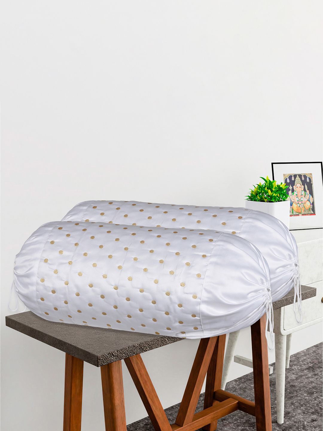 

Kuber Industries White & Gold Toned 6 Pieces Polka Dots Woven Design Bolster Covers