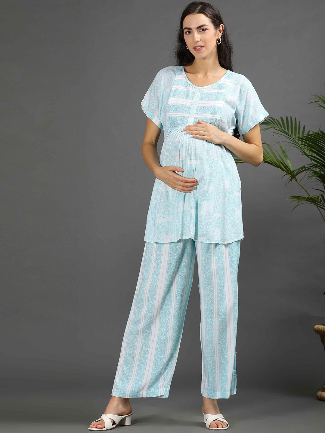 

GOLDSTROMS Printed Round Neck Short Sleeves Top With Palazzo, Blue