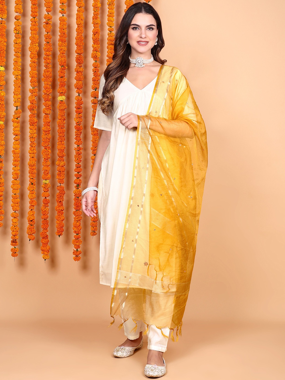 

Vastara the Label A-Line Empire Kurta with Trousers & Dupatta, Cream